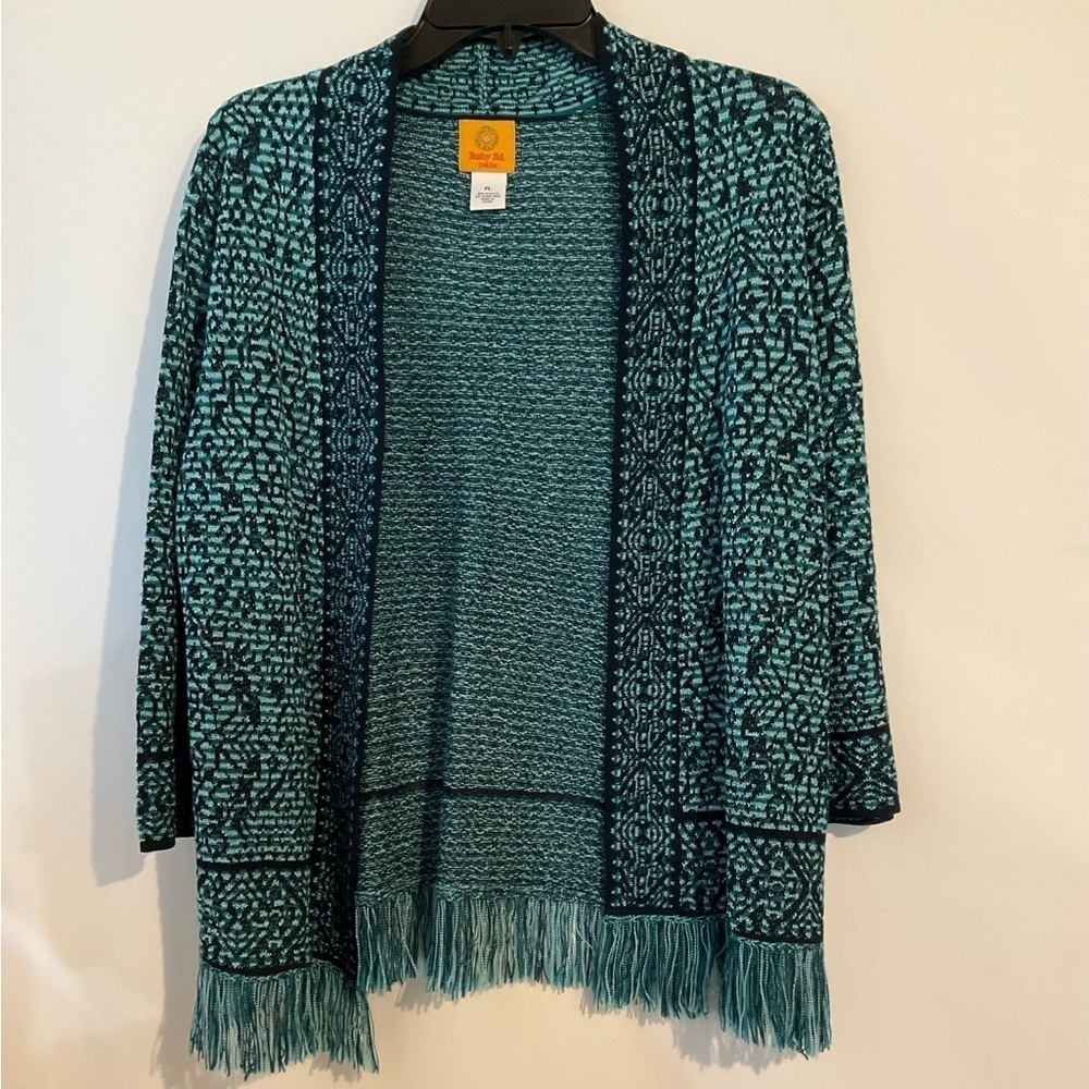 Ruby Rd. petite Sweater PL Cardigan Teal Navy Patterned Open Front Fringe Hem